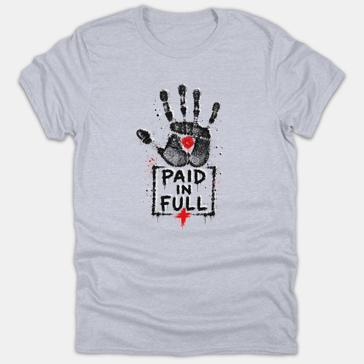 A light gray Christian t-shirt featuring a black distressed handprint with a red wound, above a framed caption reading PAID IN FULL and a red cross.