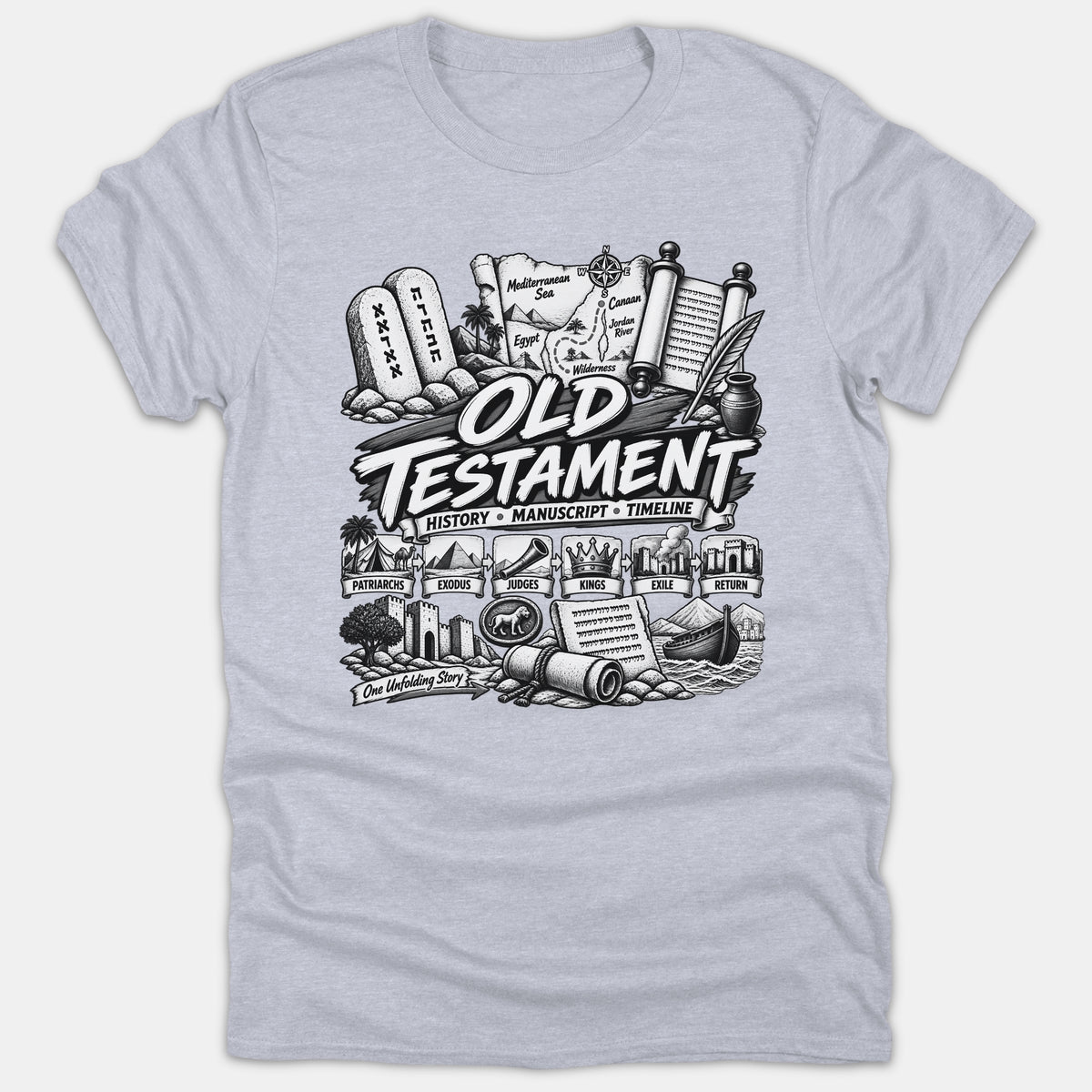 A light gray t-shirt featuring a detailed black and white graphic illustrating Old Testament biblical history, maps, scrolls, and timeline milestones.