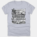 A gray t-shirt featuring a detailed black and white graphic illustration of New Testament history, including a cross, dove, Bible, empty tomb, and a timeline of Christ's life.