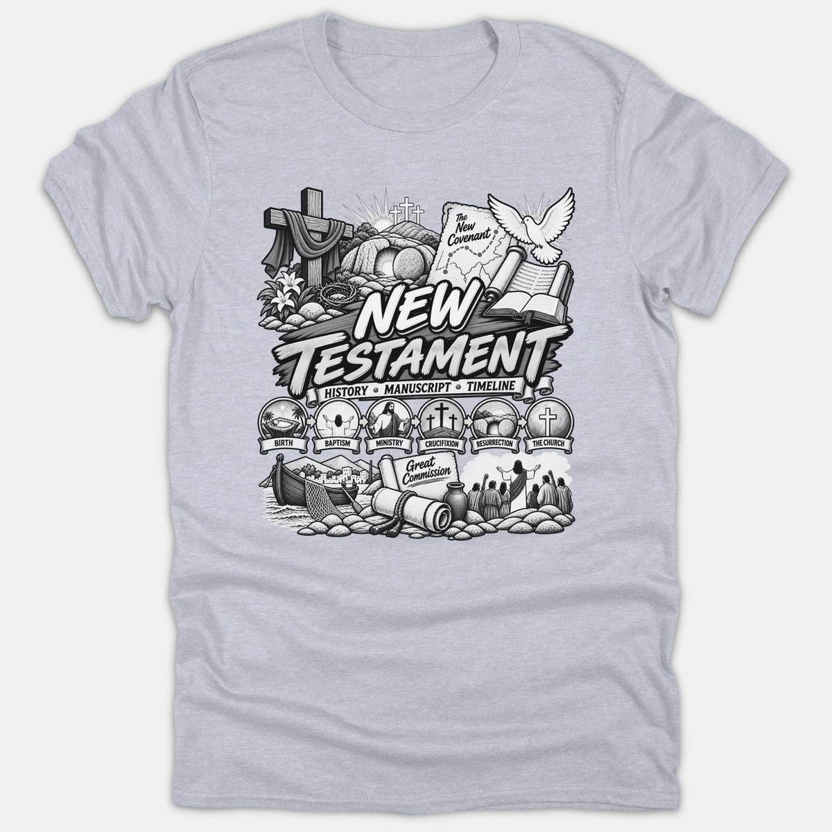 A gray t-shirt featuring a detailed black and white graphic illustration of New Testament history, including a cross, dove, Bible, empty tomb, and a timeline of Christ's life.