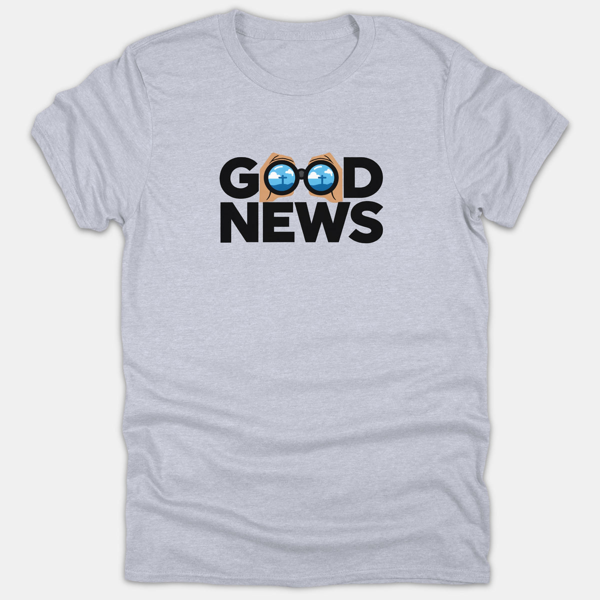 A light gray t-shirt featuring the phrase GOOD NEWS in bold black text, with binoculars reflecting a Christian cross against a blue sky replacing the double O's.