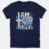 A navy blue Christian t-shirt featuring a graphic design with the scripture quote 'I Am The Way The Truth The Life' alongside a cross and globe icon.