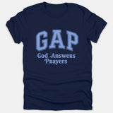 A navy blue t-shirt featuring a light blue graphic that reads GAP God Answers Prayers in a collegiate varsity font.