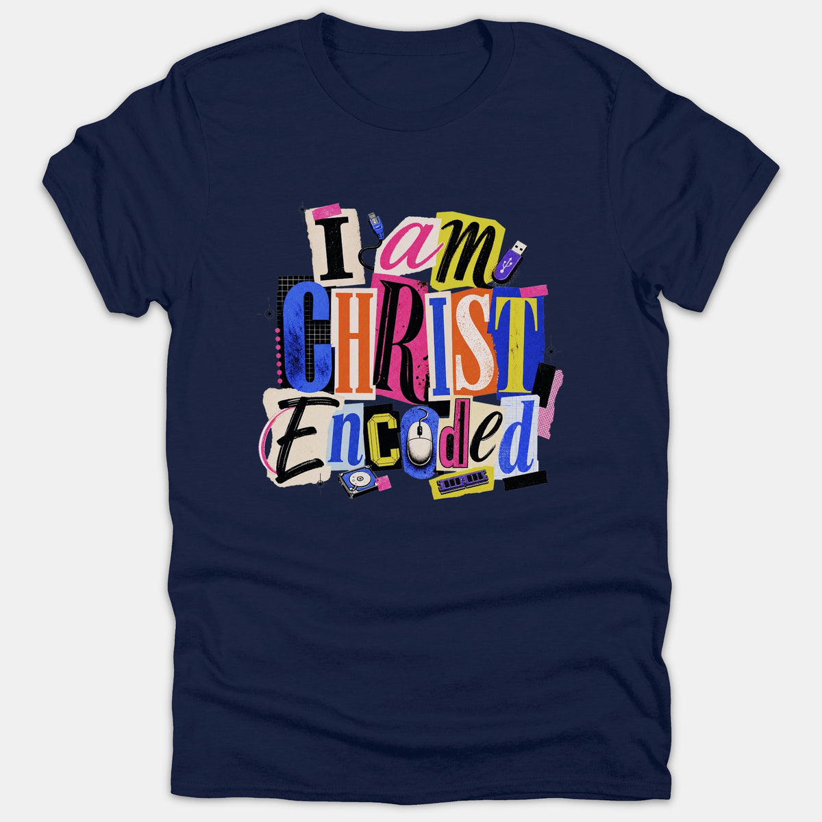 A navy blue t-shirt featuring a colorful, ransom-note style typography graphic that reads 'I am CHRIST Encoded' with tech-inspired icons.