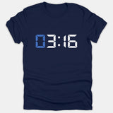 A navy blue t-shirt featuring a digital clock display graphic reading 03:16 in blue and white numbers.