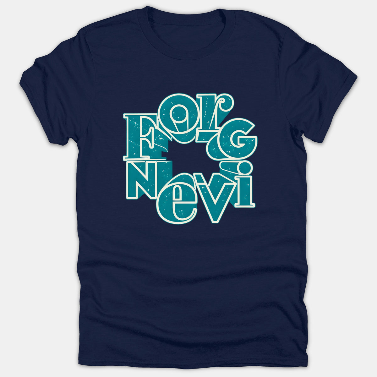 A navy blue t-shirt featuring the word FORGIVEN rendered in a circular 3D vintage typography graphic in teal and white.