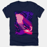 A navy blue t-shirt featuring a retro synthwave-style graphic of stairs inside a cave leading up toward a bright, glowing light.
