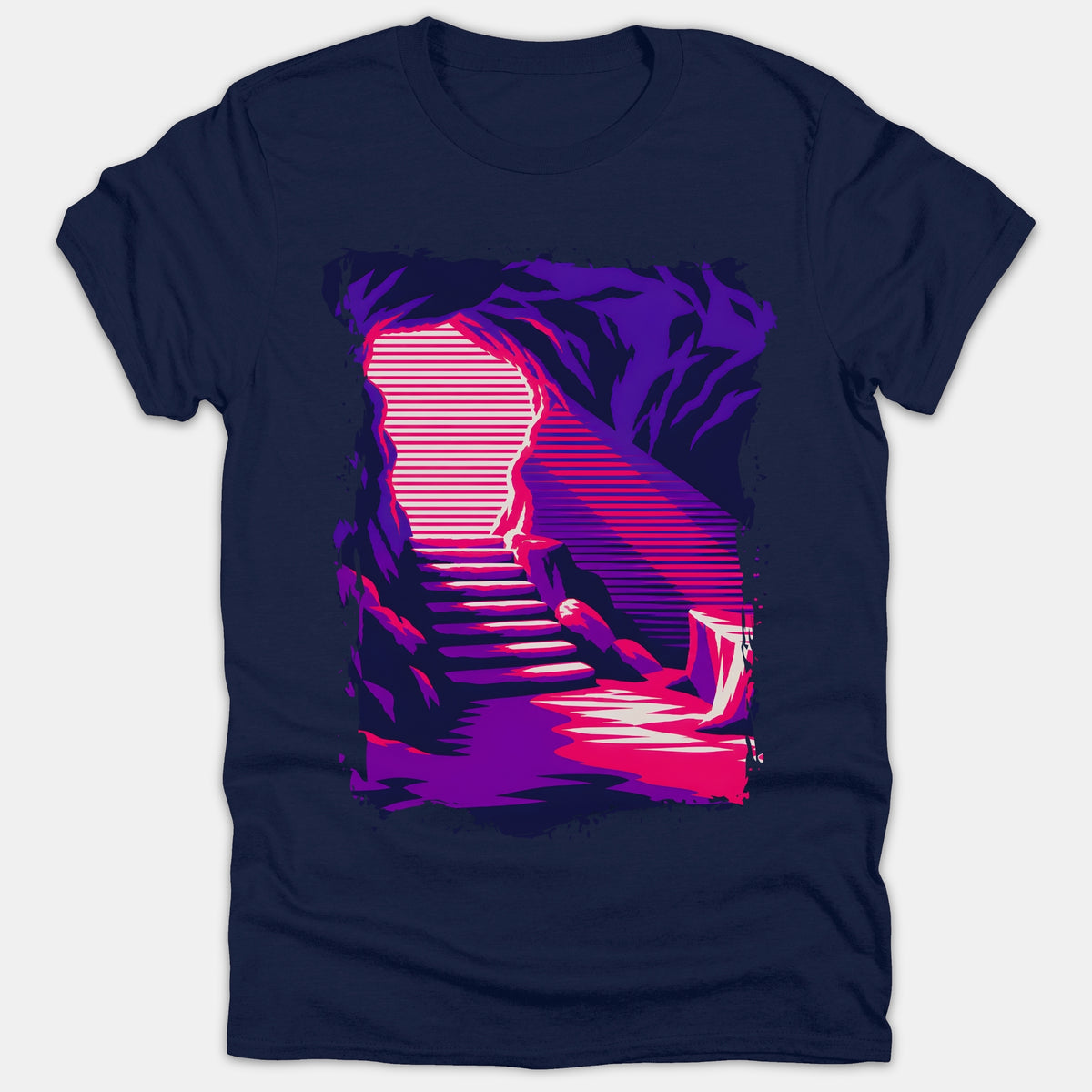 A navy blue t-shirt featuring a retro synthwave-style graphic of stairs inside a cave leading up toward a bright, glowing light.
