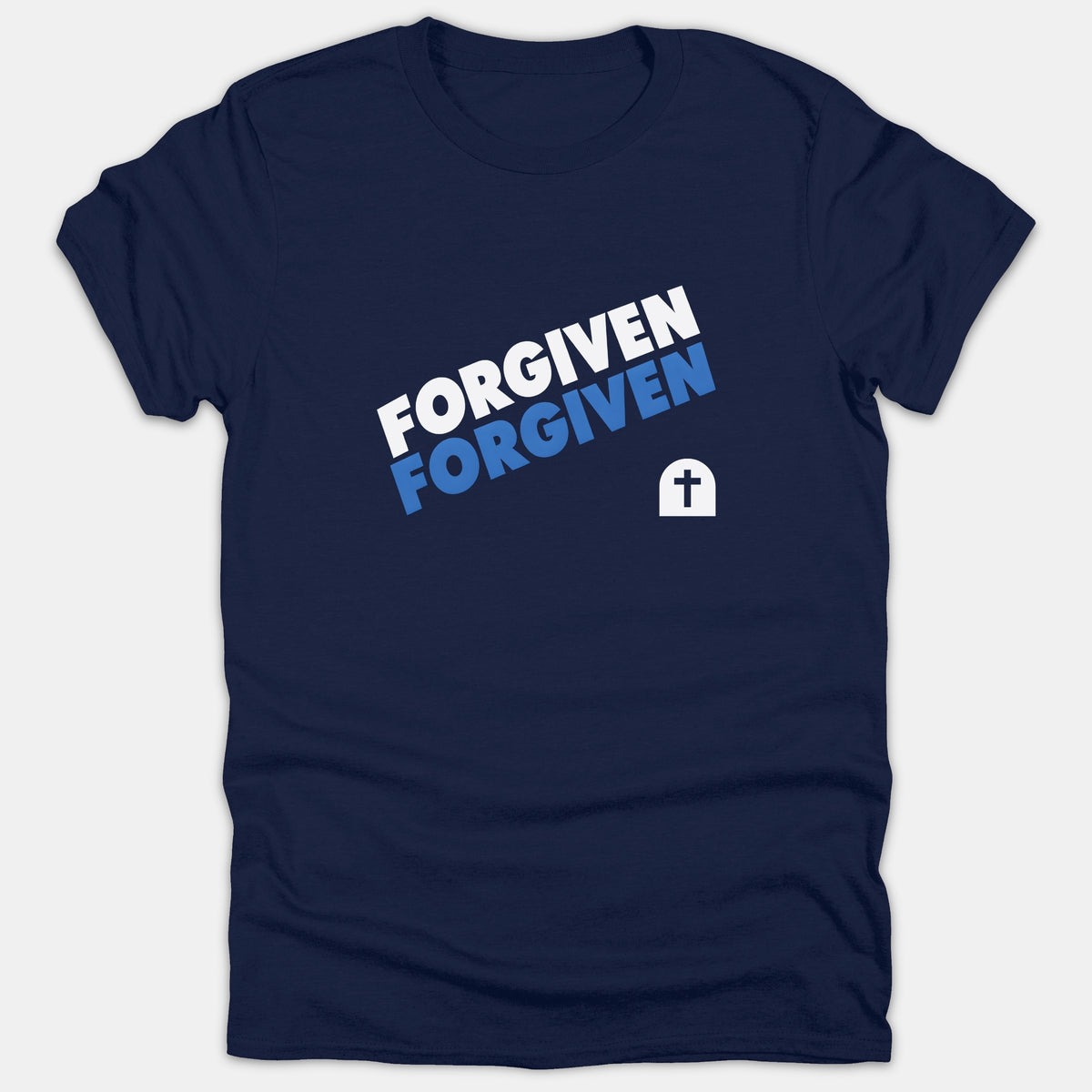 A navy blue t-shirt featuring the word FORGIVEN printed twice in slanted white and blue text alongside a small white tomb graphic with a cross.