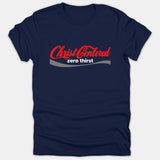 A navy blue t-shirt featuring a red and white soda-style graphic that reads 'Christ Centered zero thirst' across the chest.