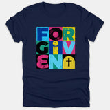 A navy blue T-shirt featuring a vibrant graphic grid that spells out FORGIVEN alongside a Christian cross symbol.