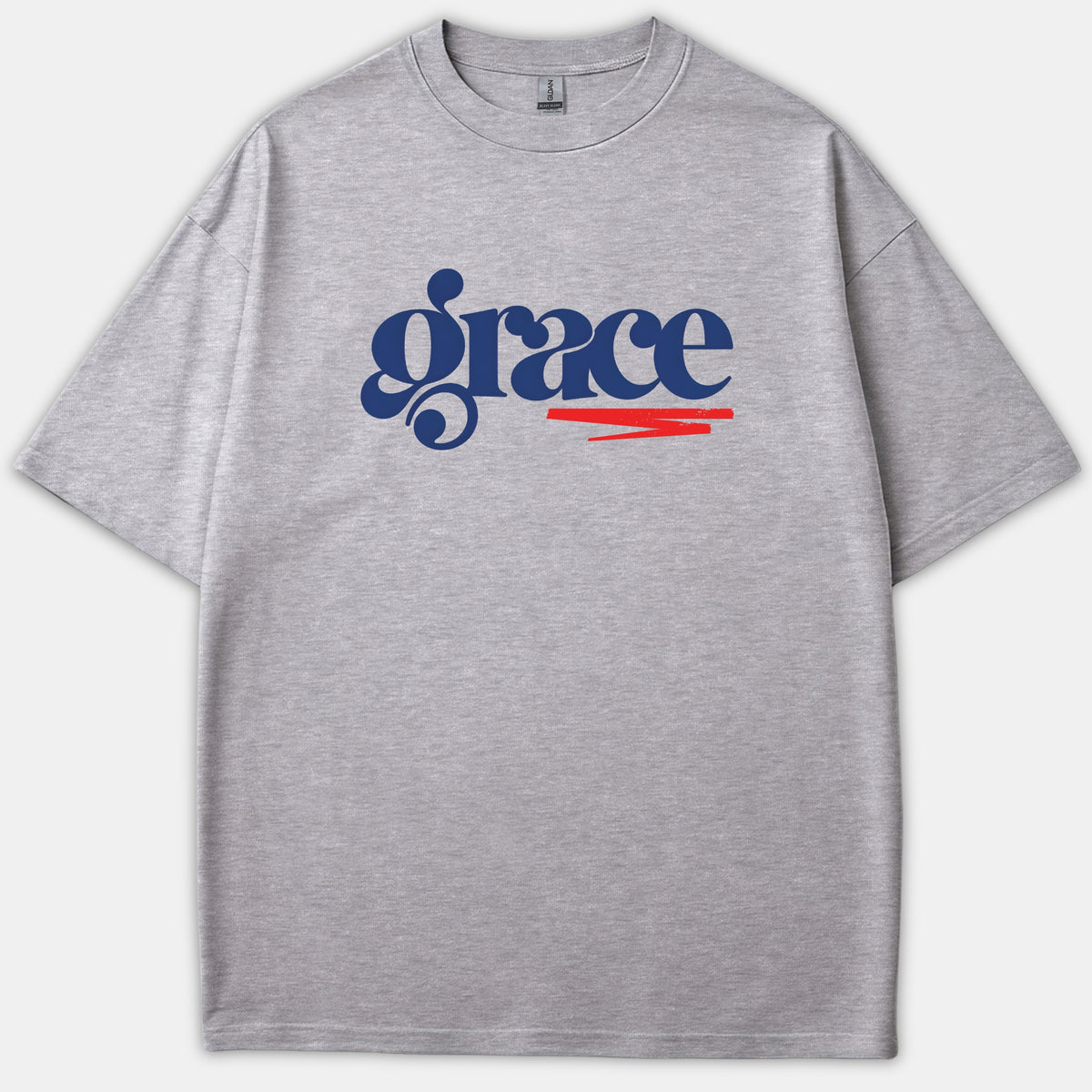 A heather gray t-shirt featuring the word grace printed in a stylized navy blue font with a red brushstroke accent underneath.
