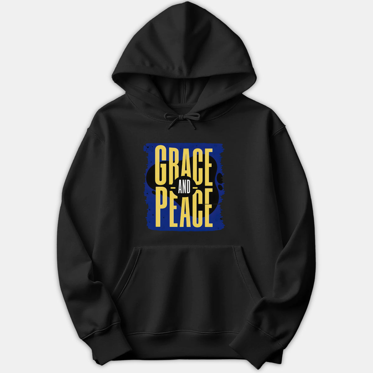 A black hoodie featuring a blue textured graphic on the front with bold yellow typography reading Grace and Peace.