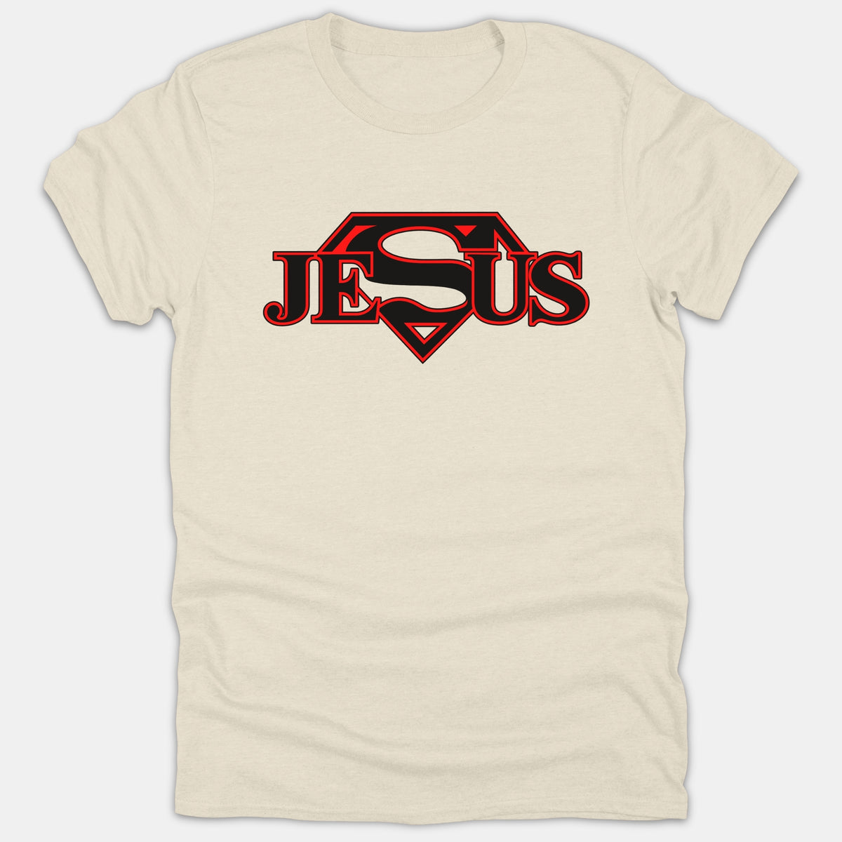 A beige Christian t-shirt featuring the name JESUS styled with a bold black and red superhero shield logo in the center.