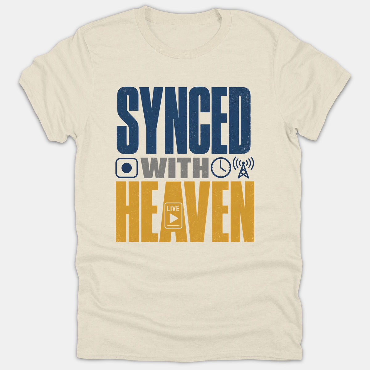 A beige t-shirt featuring bold typography that reads SYNCED WITH HEAVEN flanked by media and technology icons in navy blue, gray, and gold.