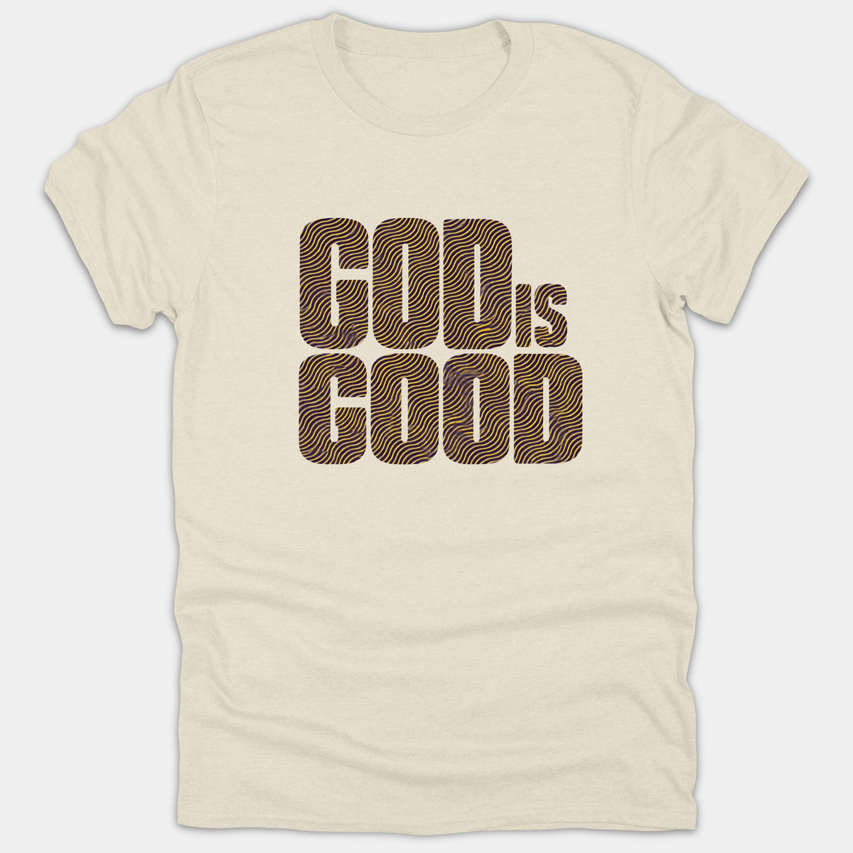 A beige Christian t-shirt featuring the phrase 'GOD IS GOOD' printed in bold block typography filled with a retro wavy purple and gold pattern.