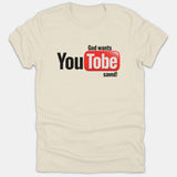A beige Christian t-shirt featuring a YouTube-style graphic logo with the message God wants You To be saved in black, red, and white lettering.