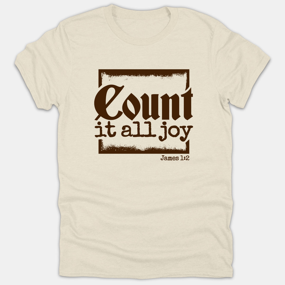 A beige Christian t-shirt featuring a dark brown graphic frame with the text Count it all joy and the bible verse James 1:2.