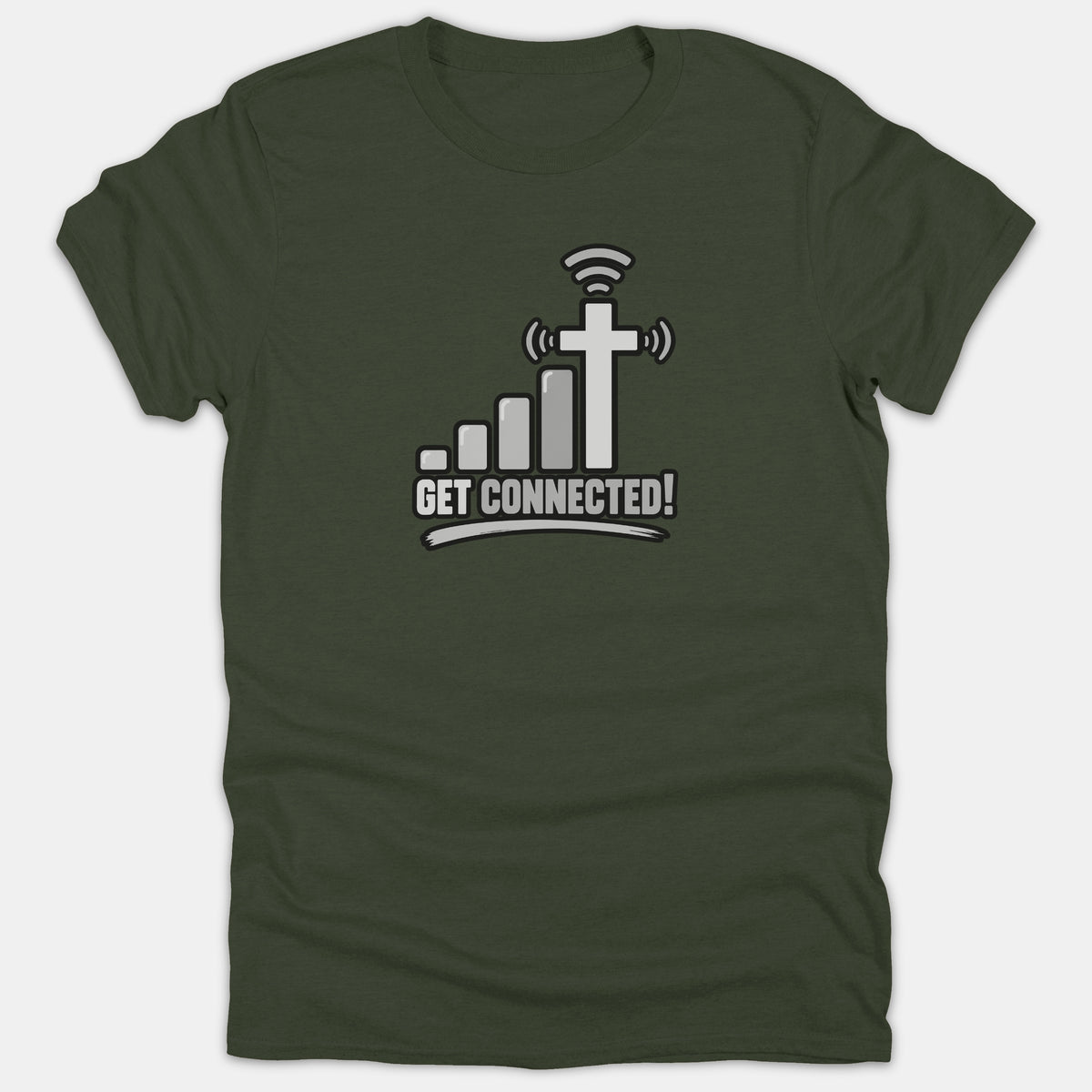 A dark green Christian t-shirt featuring a Wi-Fi signal bar graphic with a cross and the text 'GET CONNECTED!' printed on the front.