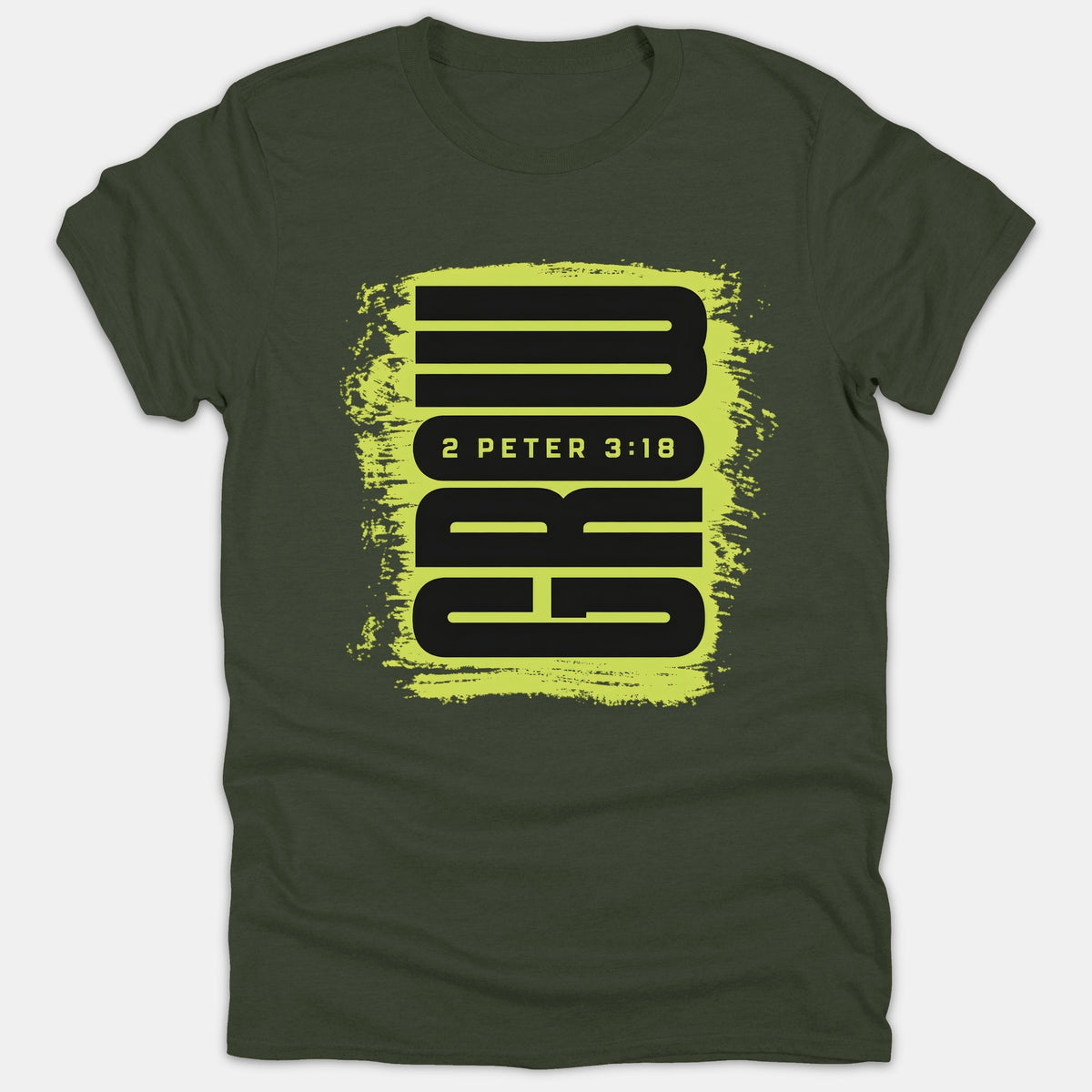 A dark green Christian t-shirt featuring a distressed bright yellow paint stroke graphic with bold black typography reading GROW and the Bible verse reference 2 Peter 3:18.