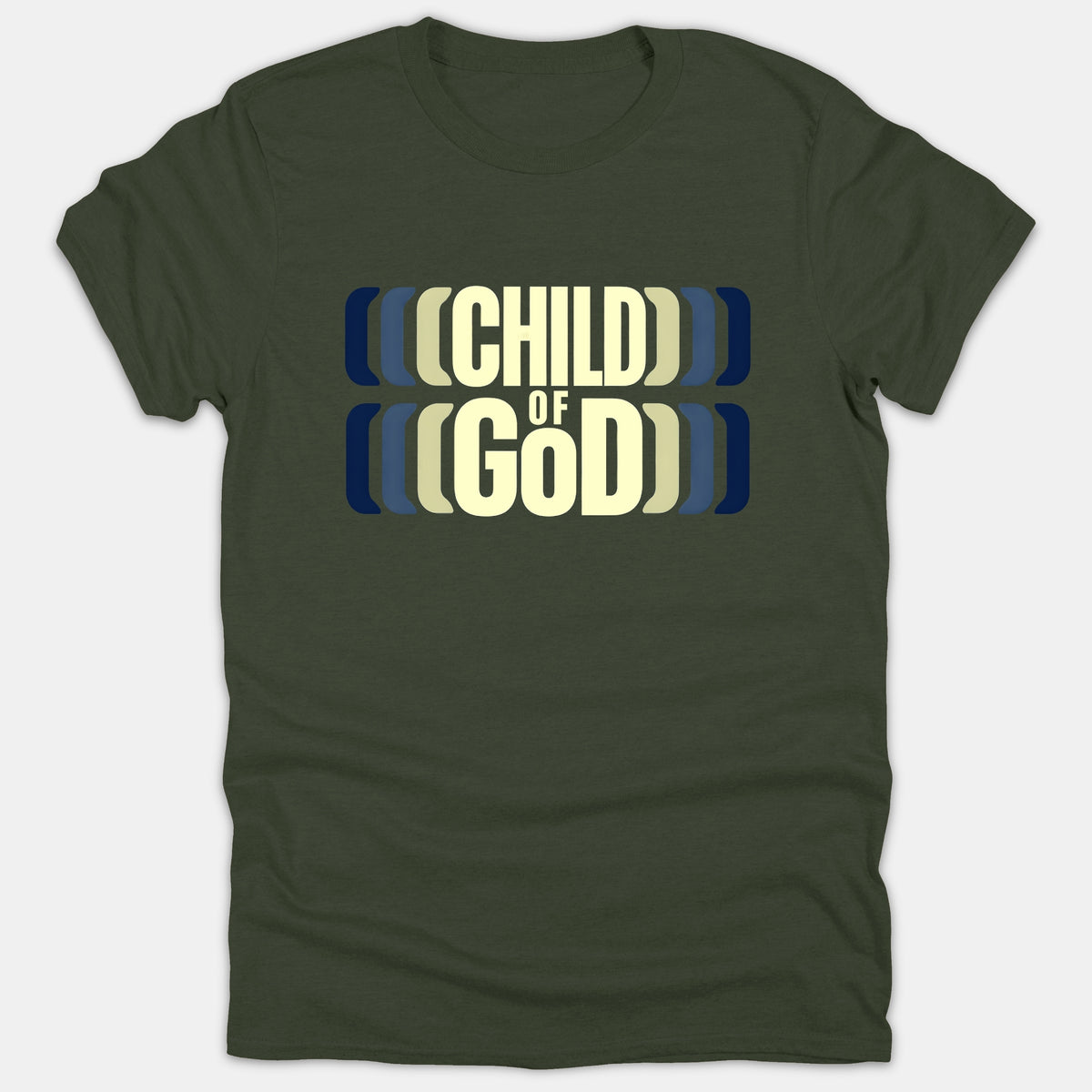 A dark green t-shirt featuring a graphic design with the phrase CHILD OF GOD in light yellow text framed by retro blue bracket shapes.