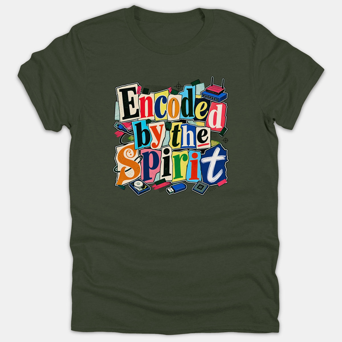 Dark green T-shirt displaying a colorful collage ransom-note style graphic that reads Encoded by the Spirit surrounded by tech icons like a router, USB drive, and microchip.
