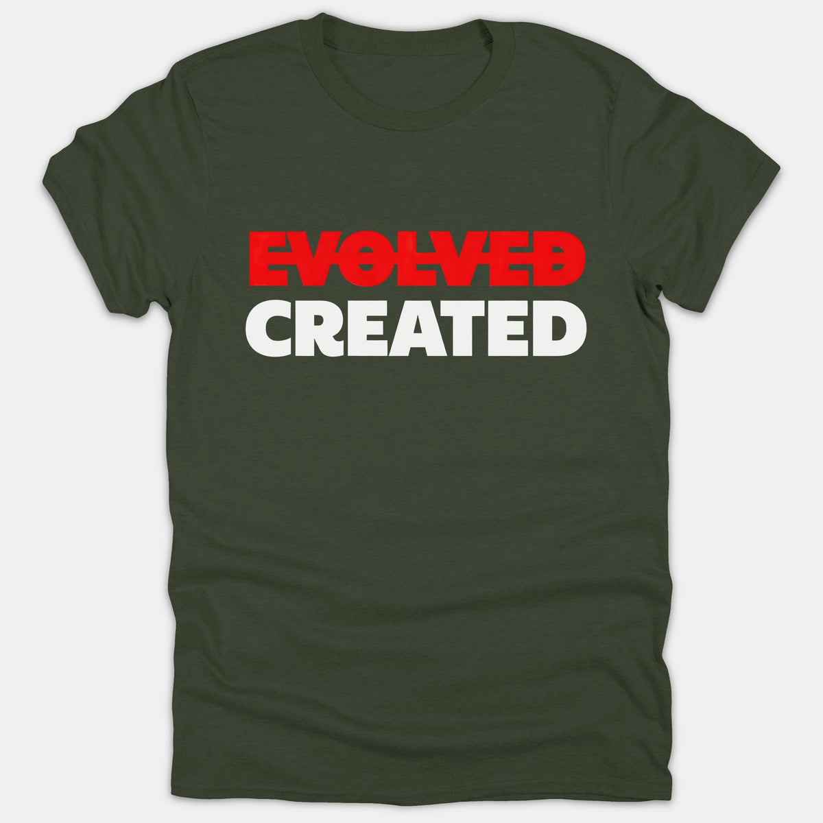 A dark green Christian t-shirt featuring the word EVOLVED crossed out in bold red text above the word CREATED in bold white letters.