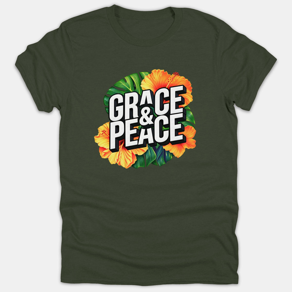 A dark green T-shirt featuring bold 3D white text that reads 'GRACE & PEACE' surrounded by vibrant tropical orange hibiscus flowers and green palm leaves.