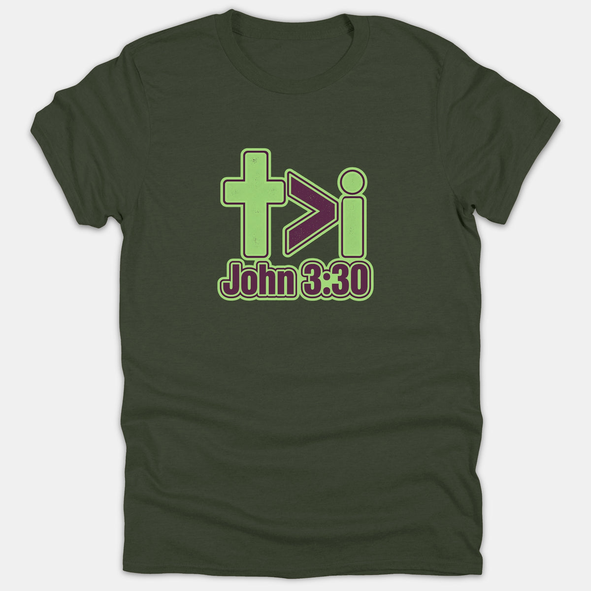 A dark green Christian T-shirt featuring a cross, greater-than symbol, and lowercase i graphic above the Bible verse reference John 3:30 printed in lime green and purple.