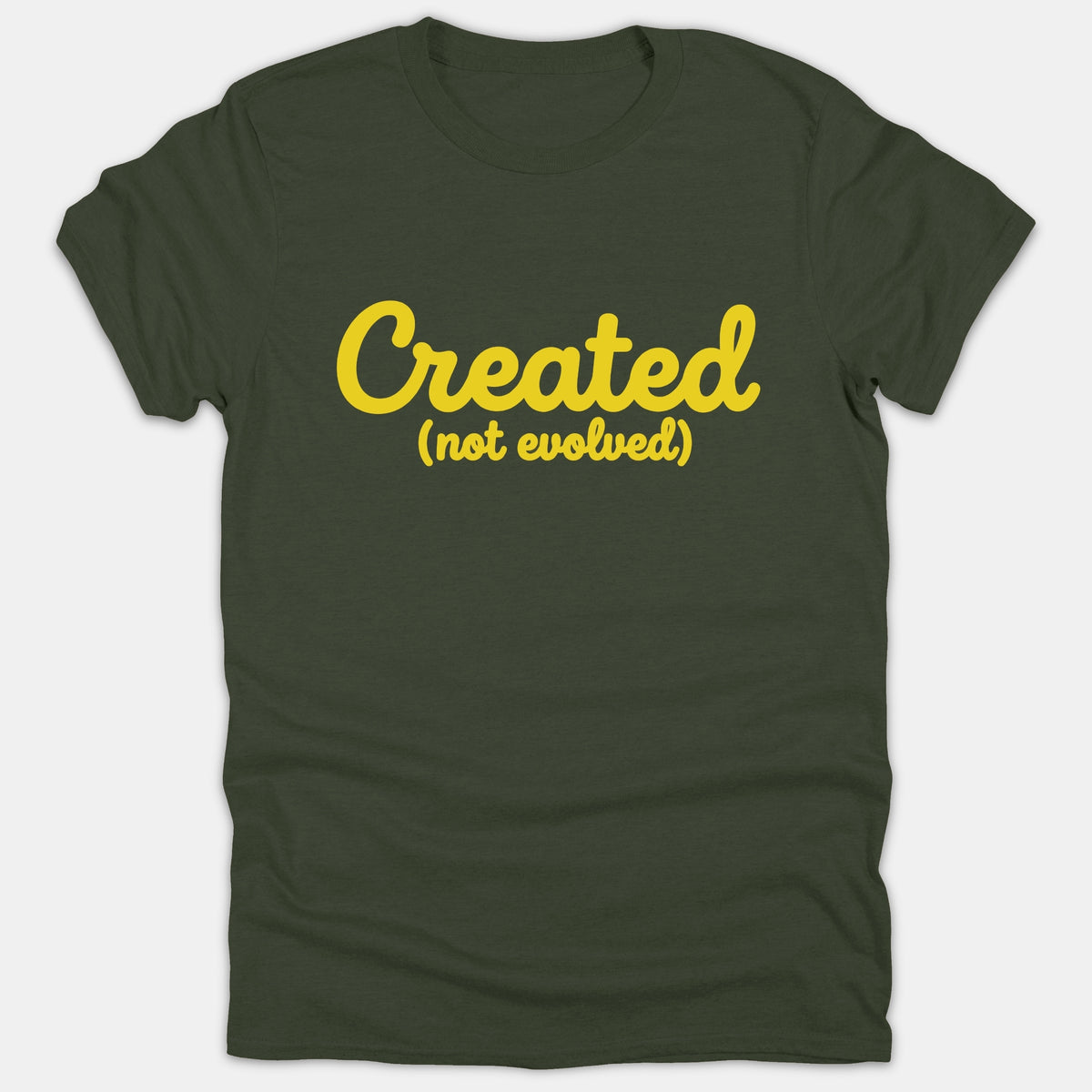 A dark green Christian t-shirt featuring the phrase "Created (not evolved)" printed in bright yellow cursive font across the chest.