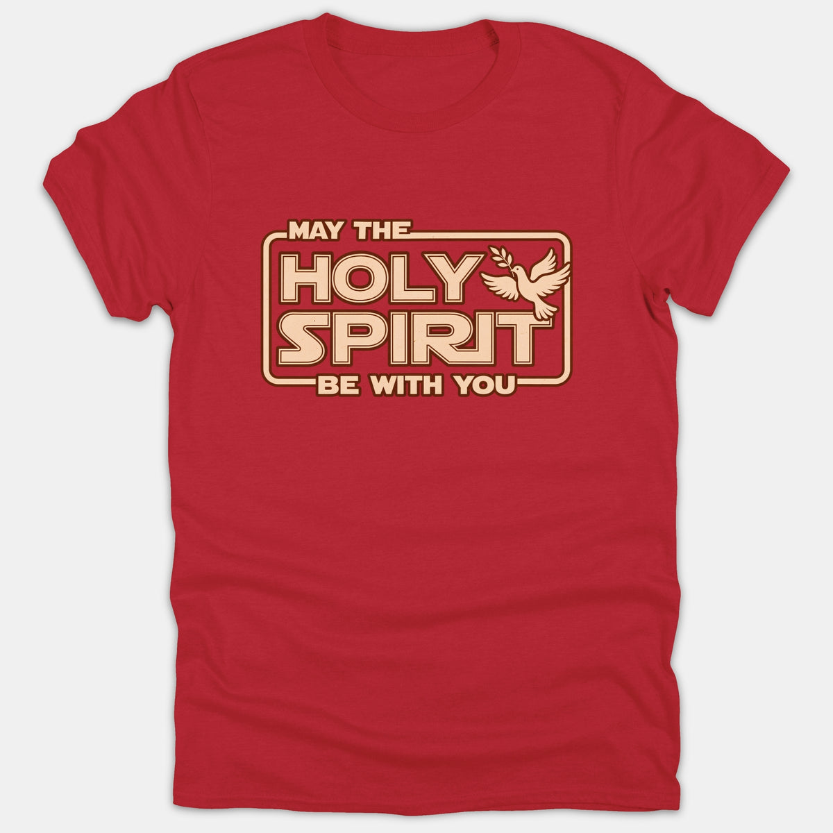 A red Christian t-shirt featuring a retro graphic design that reads 'May The Holy Spirit Be With You' alongside a dove holding an olive branch.