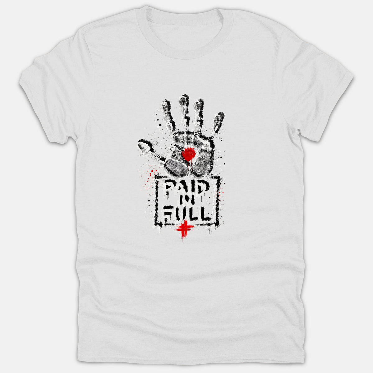 A white Christian t-shirt featuring a distressed black handprint with a red mark in the palm above the text PAID IN FULL and a red cross.