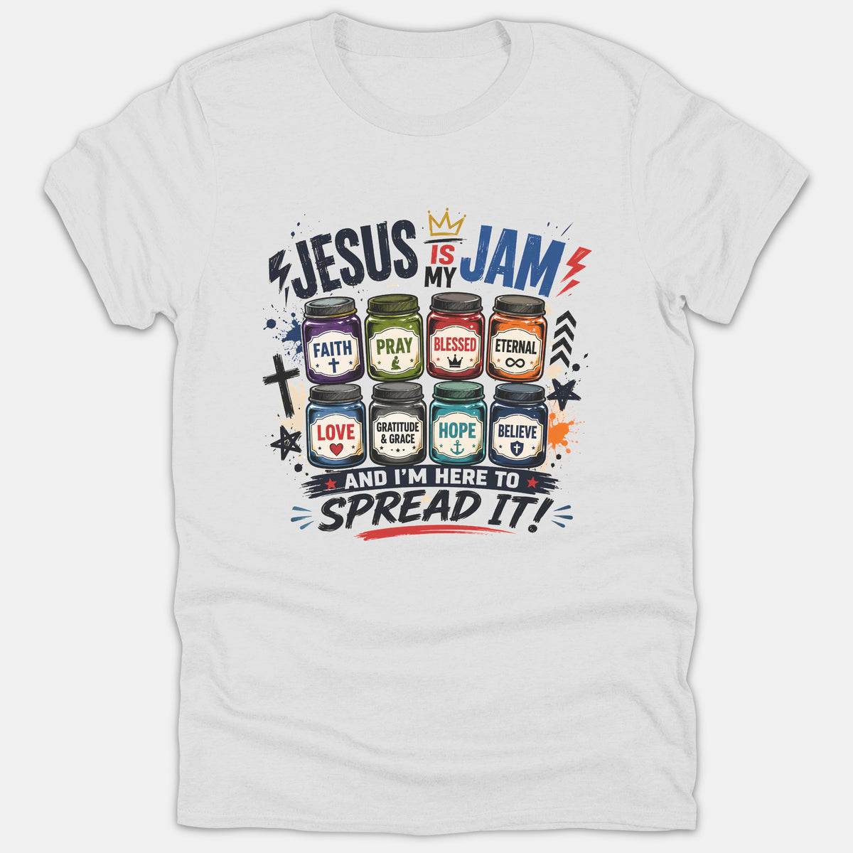 A white Christian graphic t-shirt featuring the phrase 'Jesus Is My Jam' with colorful jam jars labeled with faith words above 'And I'm Here To Spread It!'.