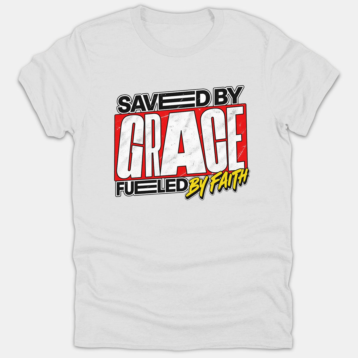 A white Christian t-shirt featuring a graphic design that reads 'SAVED BY GRACE FUELED BY FAITH' in bold red, black, and yellow typography.