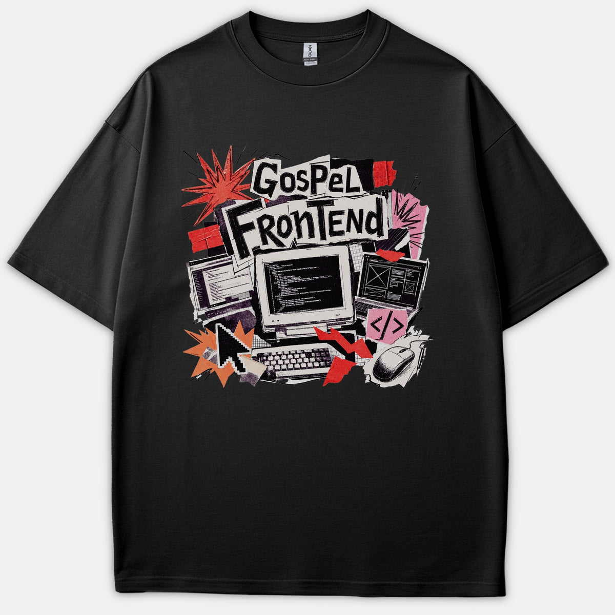 A black t-shirt with a collage graphic featuring retro computer screens, code symbols, and the text Gospel Frontend in bold cut-out lettering.