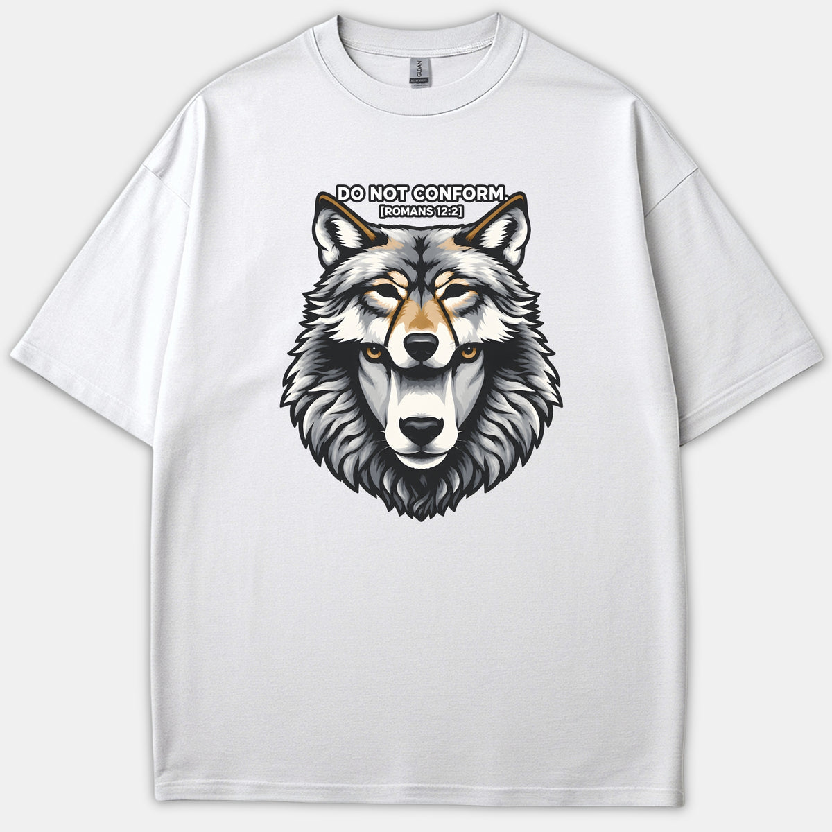 A white Christian t-shirt featuring a detailed wolf head graphic beneath the bold text DO NOT CONFORM. [ROMANS 12:2].
