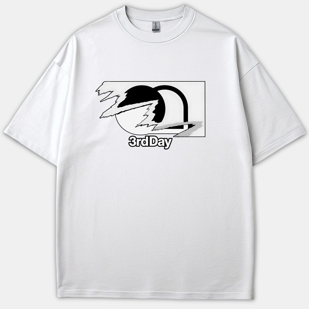 A white Christian t-shirt featuring a stylized graphic design depicting a tomb stone and doorway with the text 3rdDay printed in black and gray.