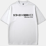 A white graphic T-shirt featuring a mathematical equation design depicting the biblical miracle of feeding five thousand people with five loaves, two fish, and twelve baskets leftover.