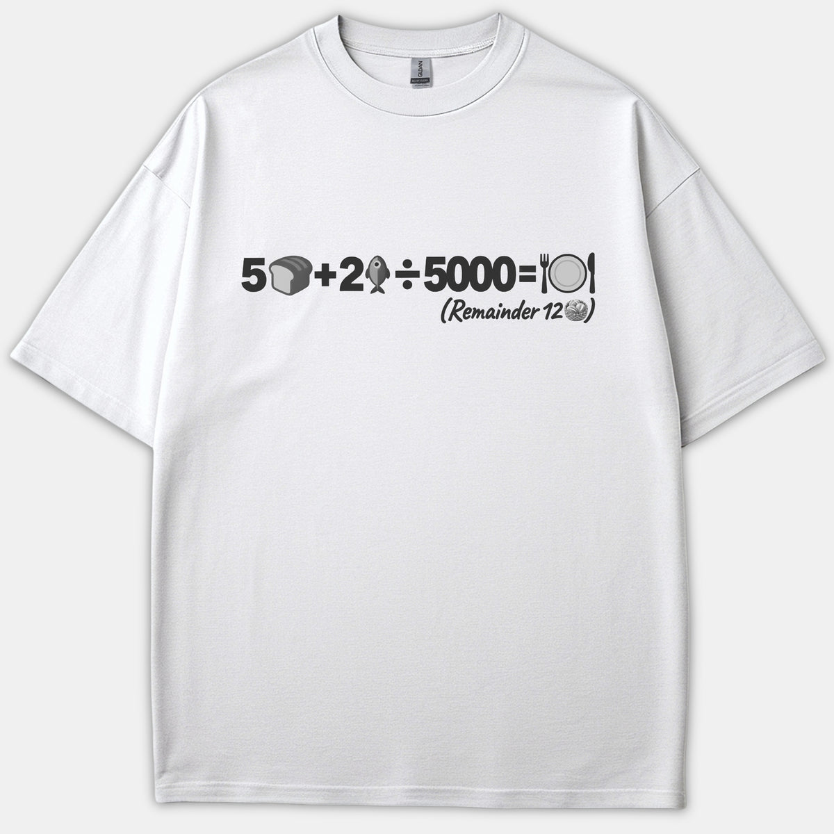 A white graphic T-shirt featuring a mathematical equation design depicting the biblical miracle of feeding five thousand people with five loaves, two fish, and twelve baskets leftover.