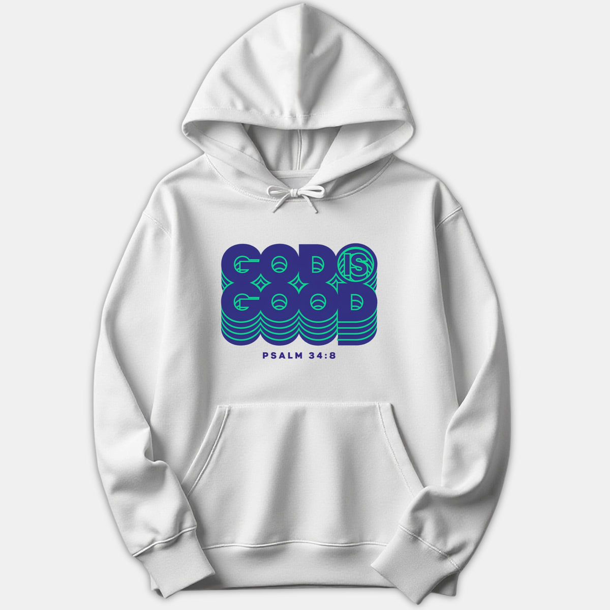 A white pullover hoodie featuring a retro layered graphic on the chest reading God Is Good Psalm 34:8 in blue and green.
