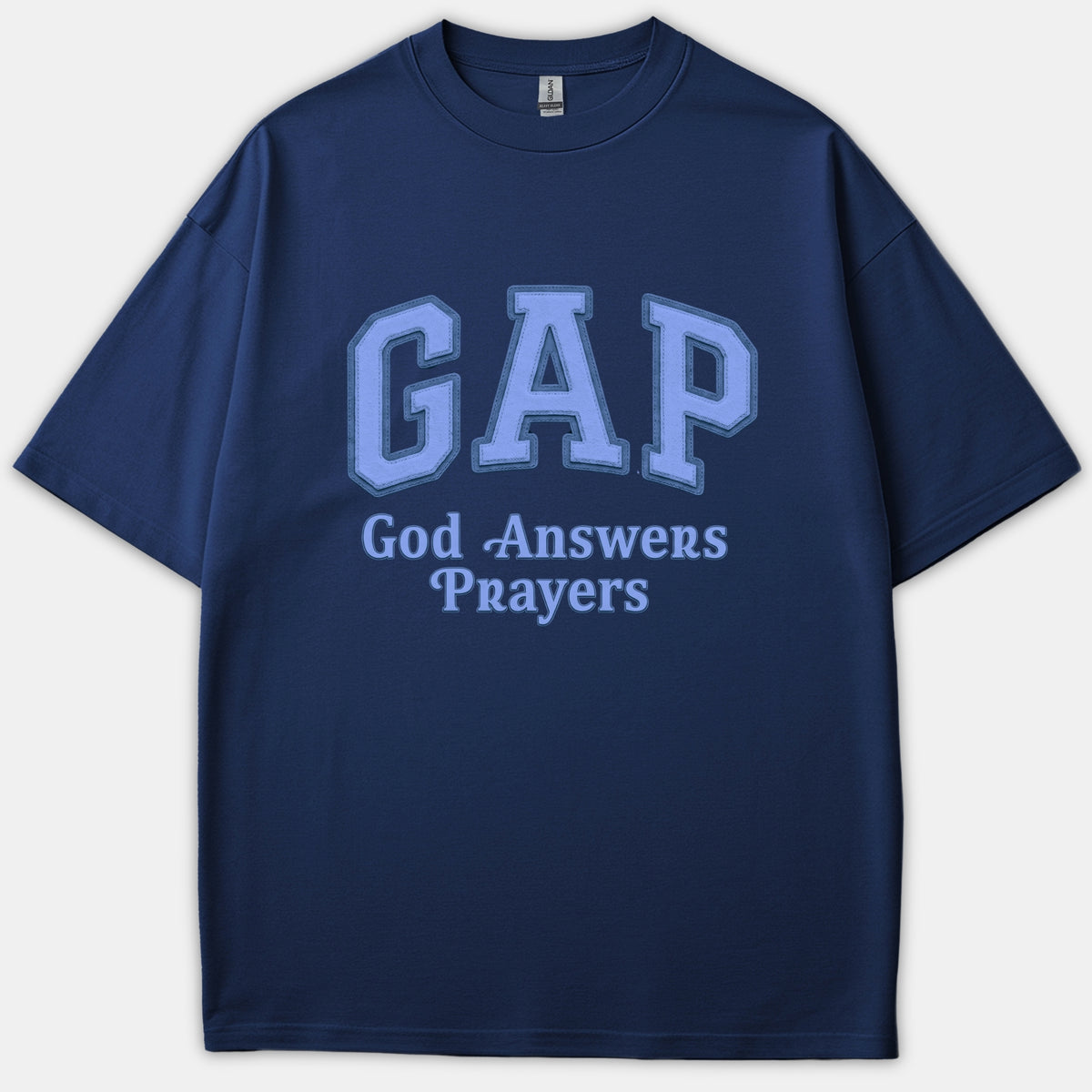 A navy blue t-shirt featuring a light blue athletic arch logo reading GAP with the phrase God Answers Prayers printed below it.