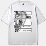 A white Christian t-shirt featuring a graphic print of a sheep divided into horizontal panels alongside the text I once was lost, but now am found.
