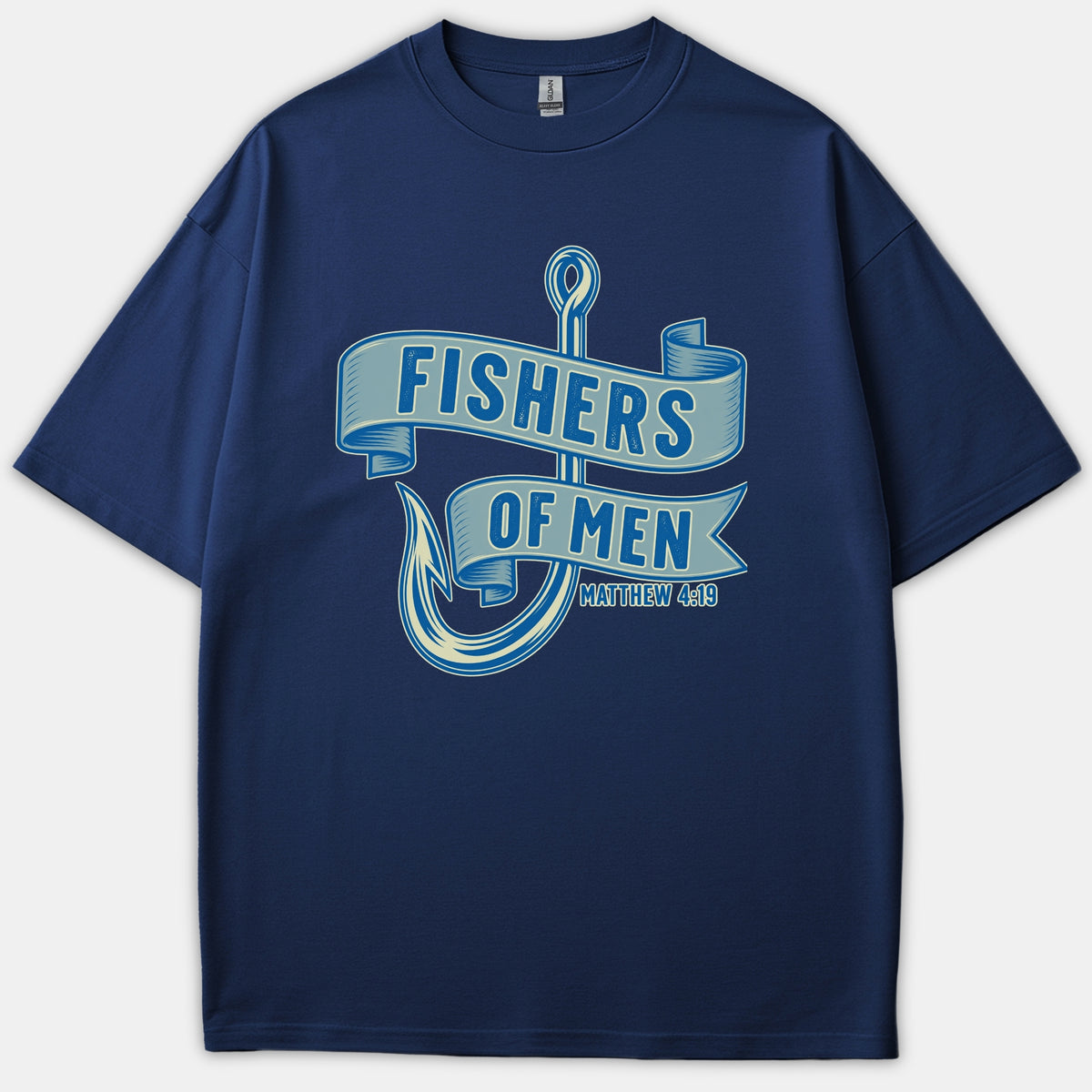 A navy blue Christian t-shirt featuring a graphic design of a large fishing hook intertwined with banners reading Fishers of Men and scripture reference Matthew 4:19.