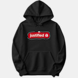 A black hoodie featuring a red graphic banner with the white word 'justified' and a Christian cross symbol.