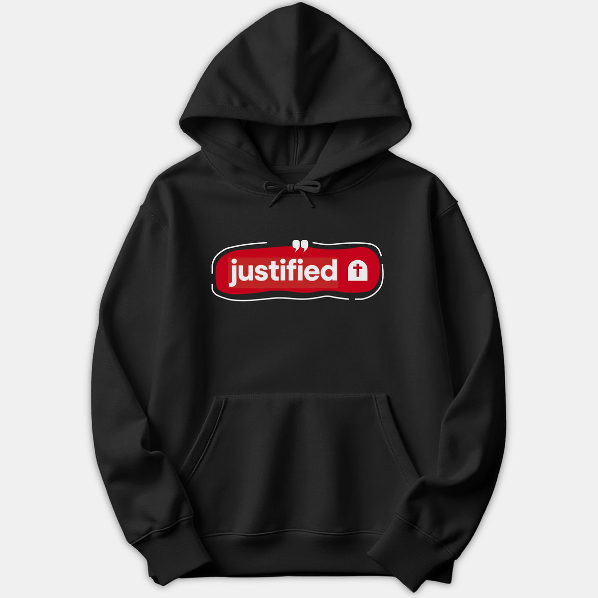 A black hoodie featuring a red graphic banner with the white word 'justified' and a Christian cross symbol.