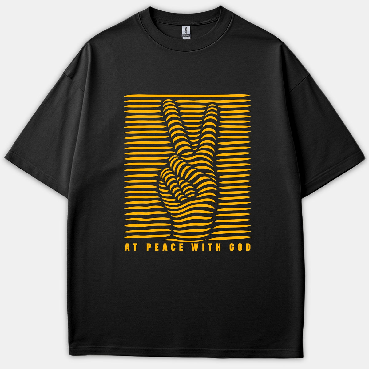 A black t-shirt featuring a yellow optical illusion peace sign hand graphic with the phrase AT PEACE WITH GOD printed below.