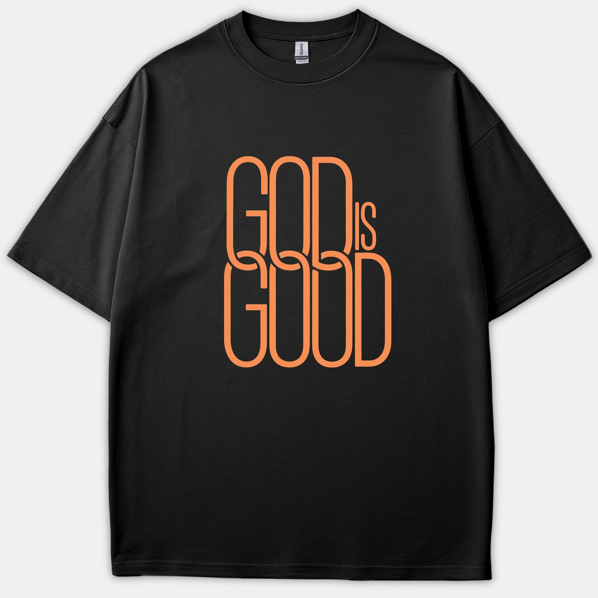 A black t-shirt featuring the phrase 'GOD IS GOOD' in an orange typography design with interlocking chain-style letters across the chest.