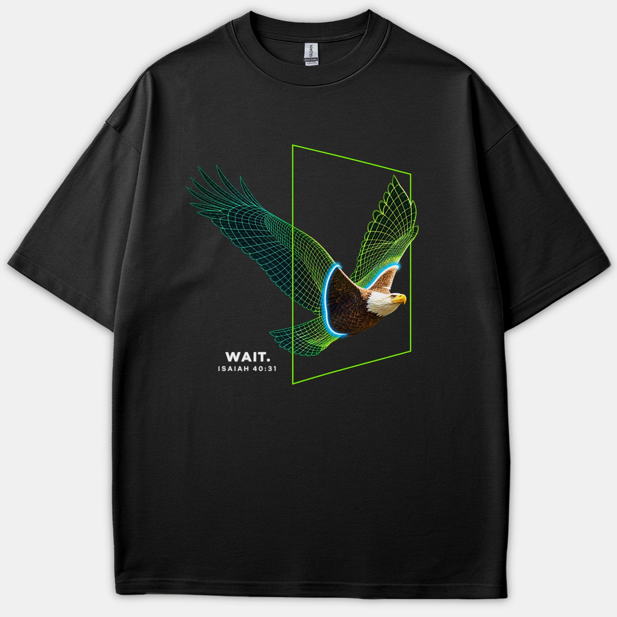 A black graphic t-shirt featuring a soaring bald eagle emerging from a glowing neon green portal with wireframe wings alongside the text 'WAIT. ISAIAH 40:31'.