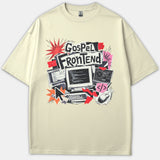 A beige t-shirt featuring a retro tech collage graphic with the text 'Gospel Frontend' alongside vintage computer monitors, code symbols, and red graphic accents.