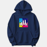 A navy blue hoodie featuring a vibrant pop-art styled square graphic with the phrase JESUS PAID IT ALL in bold white typography.